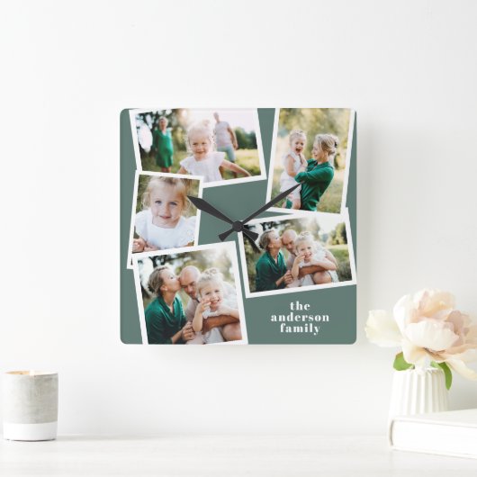 Moderne sage groene multi-fotoreportemonnee vierkante klok (Huis)