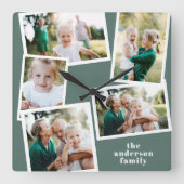 Moderne sage groene multi-fotoreportemonnee vierkante klok (Voorkant)