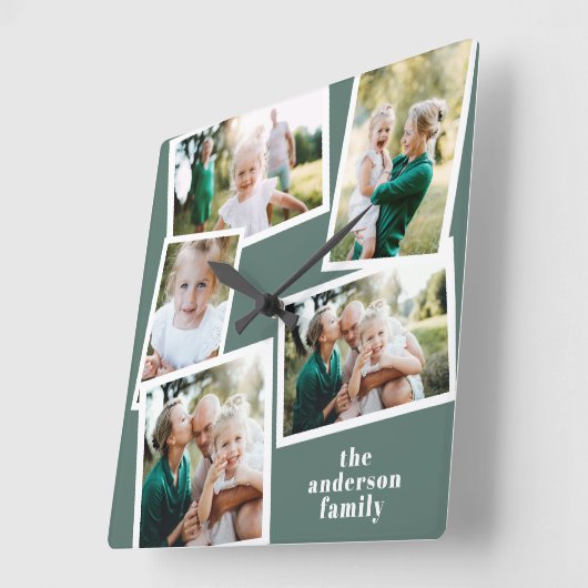 Moderne sage groene multi-fotoreportemonnee vierkante klok (Hoek)
