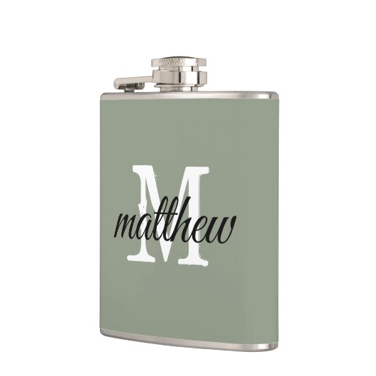 Moderne Sage Groene Naam Monogram Gepersonaliseerd Heupfles (Links)