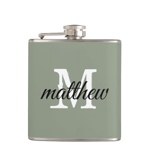 Moderne Sage Groene Naam Monogram Gepersonaliseerd Heupfles (Voorkant)