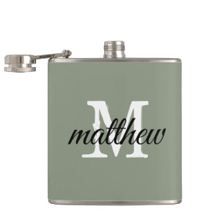 Moderne Sage Groene Naam Monogram Gepersonaliseerd Heupfles