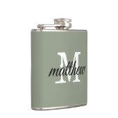 Moderne Sage Groene Naam Monogram Gepersonaliseerd Heupfles (Rechts)