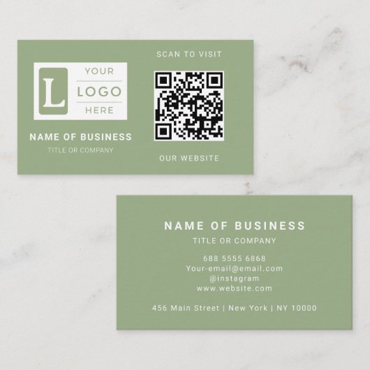 Moderne Sage Groene QR Code Minimalistische Aangep Visitekaartje (Voorkant / Achterkant)