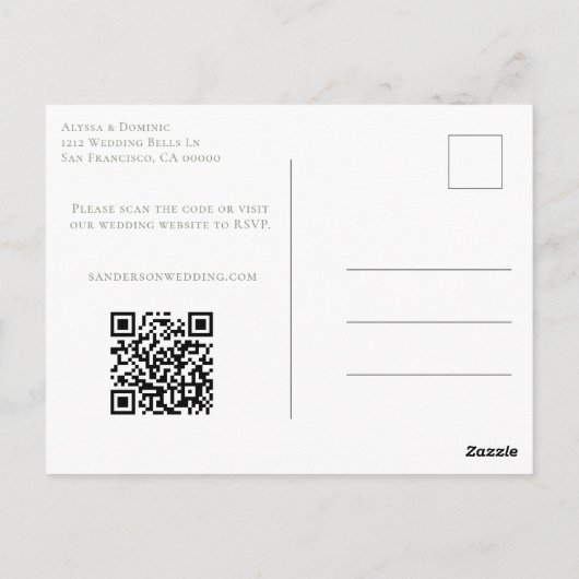 Moderne Sage Groene QR Code RSVP Online Bruiloft Briefkaart (Achterkant)
