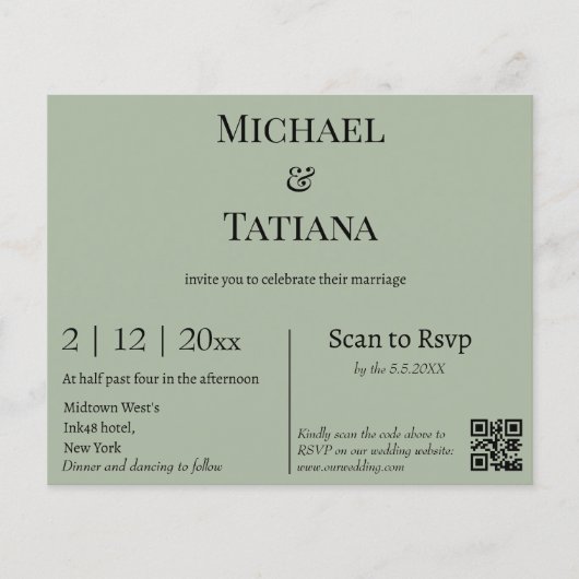 Moderne Sage Groene RSVP QR Code Bruiloft uitnodig (Voorkant)