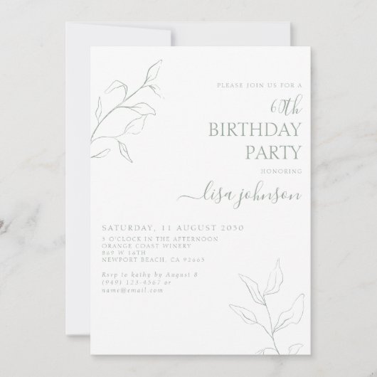 Moderne Sage Groene Script Botanische 60e Verjaard Kaart (Voorkant)