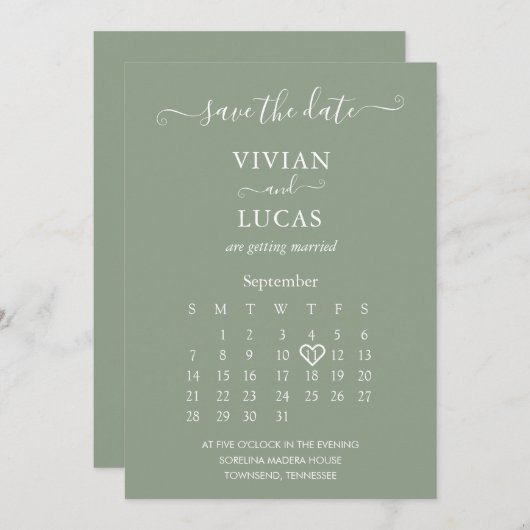 Moderne Sage Groene Scriptkalender Sla de datum op Kaart (Voorkant / Achterkant)