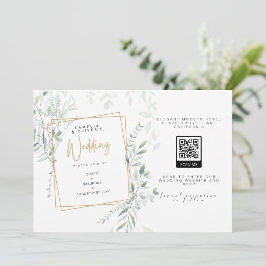Moderne Sage Groene Trouw QR Code RSVP Uitnodiging (Staand voorkant)