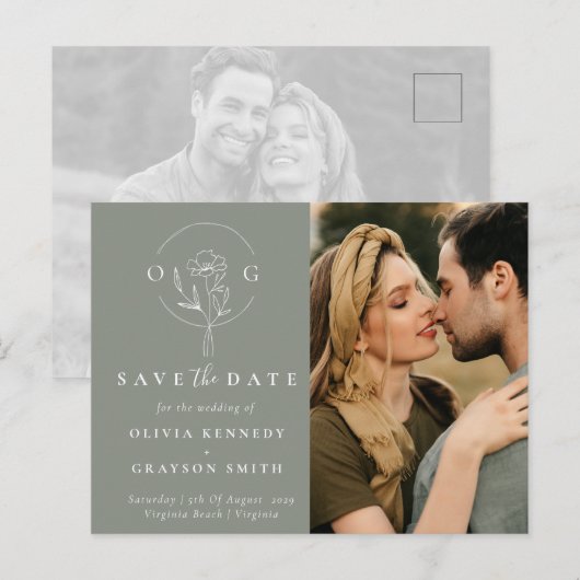 Moderne Sage Groene Twee Foto Opslaan van de Datum Aankondigingskaart (Voorkant / Achterkant)