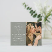 Moderne Sage Groene Twee Foto Opslaan van de Datum Aankondigingskaart (Staand voorkant)