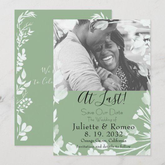 Moderne Sage Groene Velum Bloemen Foto Save The Date (Voorkant / Achterkant)