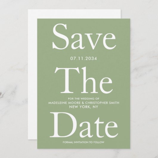 Moderne Sage Groene Vette Letters Sla de Datum op Save The Date (Voorkant / Achterkant)