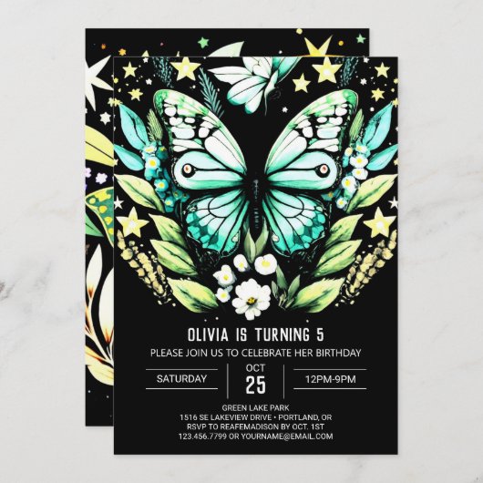 Moderne Sage Groene Vlinder Verjaardag Kaart (Voorkant / Achterkant)