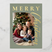 Moderne Sage Groene Vrolijke Kerstfoto Folie Feestdagenkaart (Voorkant)