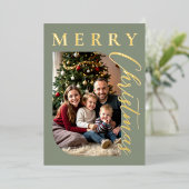 Moderne Sage Groene Vrolijke Kerstfoto Folie Feestdagenkaart (Staand Voorkant)