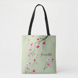 Moderne sage groene waterverf kersenbloesnaam tote bag