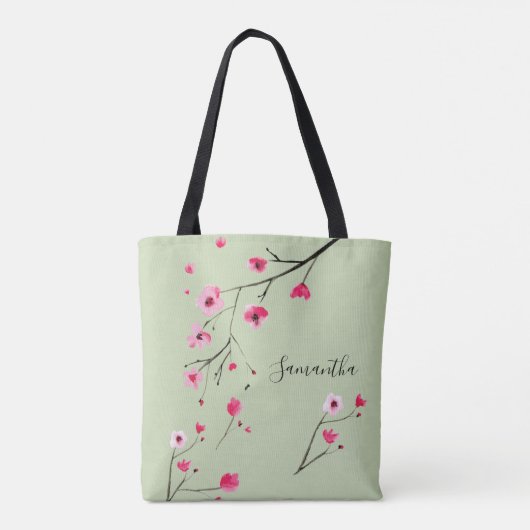 Moderne sage groene waterverf kersenbloesnaam tote bag (Achterkant)