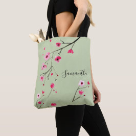 Moderne sage groene waterverf kersenbloesnaam tote bag