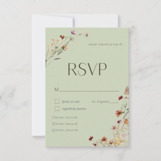 Moderne Sage Groene Wildbloem Boeket Bruiloft RSVP Kaartje (Voorkant)