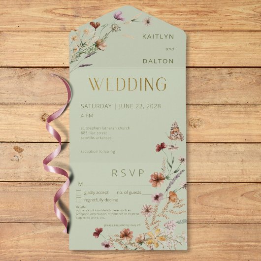 Moderne Sage Groene Wildbloem Boeket Details All In One Uitnodiging