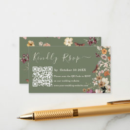 Moderne Sage Groene Wildbloem QR Code RSVP Bruilof Informatiekaartje