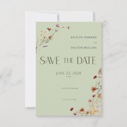 Moderne Sage Groene Wildbloemen Boeket Bruiloft Save The Date (Voorkant)
