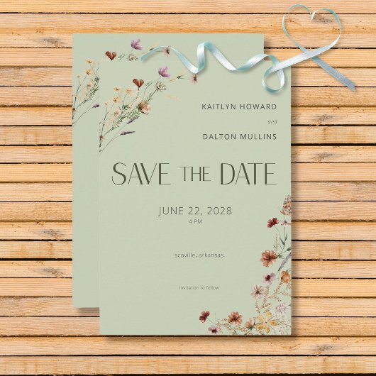 Moderne Sage Groene Wildbloemen Boeket Bruiloft Save The Date