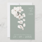 Moderne Sage Groene Witte Orchidee Huwelijk Save The Date (Voorkant)