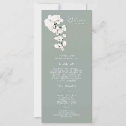 Moderne Sage Groene Witte Orchideeën Trouwprogramm (Voorkant)