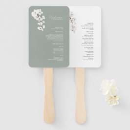 Moderne Sage Groene Witte Orchideeën Trouwprogramm Handwaaier