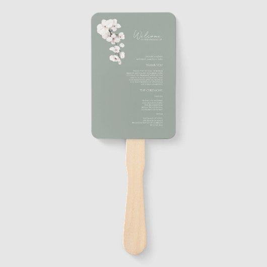 Moderne Sage Groene Witte Orchideeën Trouwprogramm Handwaaier (Voorkant)