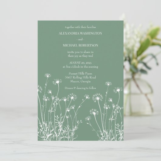 Moderne Sage Groene & Witte Wildflower Bruiloft Kaart (Staand voorkant)