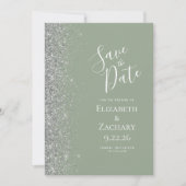 Moderne Sage Groene Zilveren Glitter Save the Date Aankondiging (Voorkant)