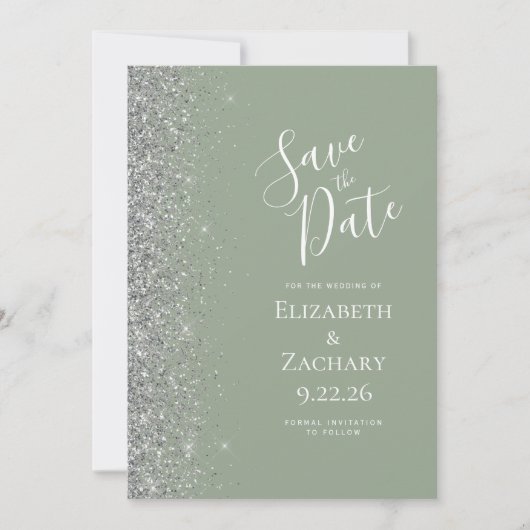 Moderne Sage Groene Zilveren Glitter Save the Date Aankondiging (Voorkant)