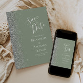 Moderne Sage Groene Zilveren Glitter Save the Date Aankondiging