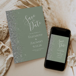 Moderne Sage Groene Zilveren Glitter Save the Date Aankondiging