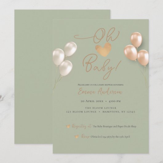 Moderne Sage Heart Balloons Neutraal Baby shower Kaart (Voorkant / Achterkant)