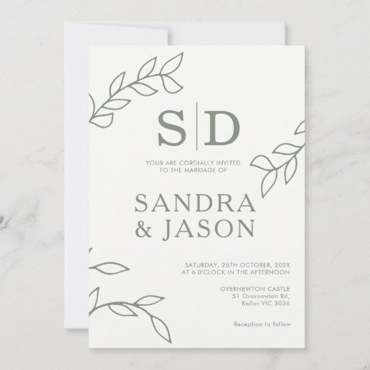 Moderne Sage Line Art Foliage bruiloft uitnodiging (Voorkant)