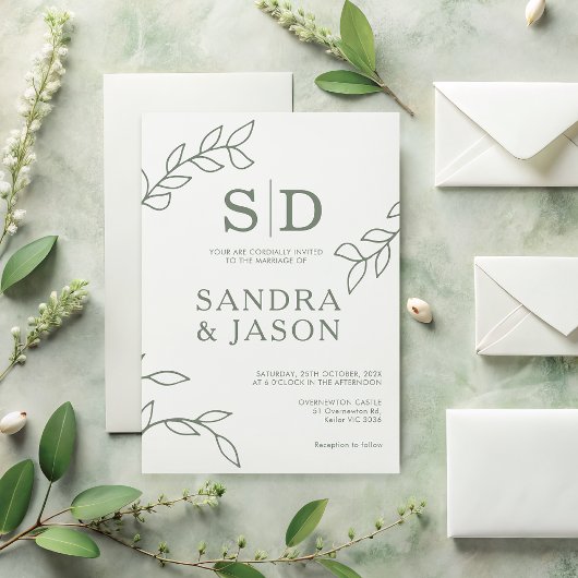 Moderne Sage Line Art Foliage bruiloft uitnodiging