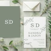 Moderne Sage Line Art Foliage bruiloft uitnodiging
