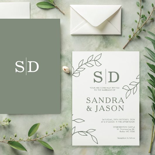 Moderne Sage Line Art Foliage bruiloft uitnodiging