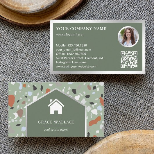 Moderne Sage Terrazzo Vastgoed Foto QR Code Visitekaartje