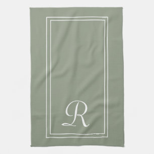 Moderne Sage & Witte Streep Monogram Persoonlijk  Theedoek