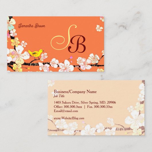 Moderne Sakura Bird Monogram Visitekaartje (Voorkant / Achterkant)