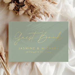 Moderne Salie en Goud Folie Script Foto Bruiloft Gastenboek