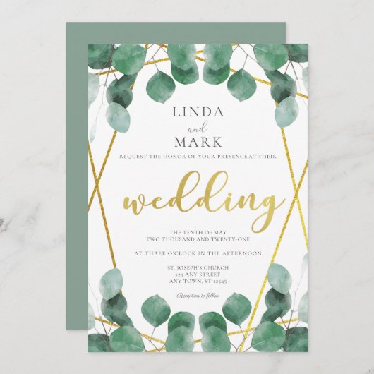 Moderne salie en gouden eucalyptus groen bruiloft kaart (Voorkant / Achterkant)