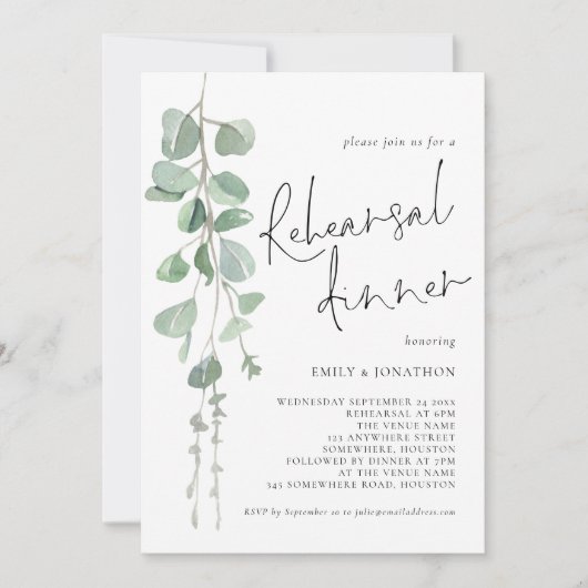 Moderne Salie Eucalyptus Script Proefdinermiddag Kaart (Voorkant)