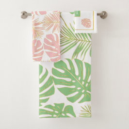 Moderne salie groen en roze tropische bladeren bad handdoek