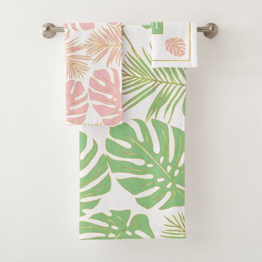 Moderne salie groen en roze tropische bladeren bad handdoek (Insitu)